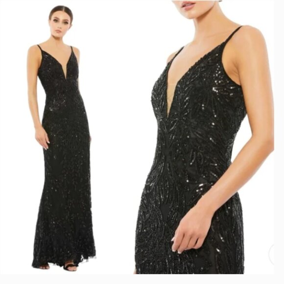 MAC DUGGAL 5107 EMBELLISHED LEAF EVENING BLACK GOWN sz 16 - Picture 5 of 5